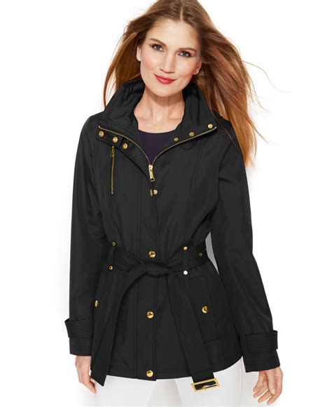 michael kors black hooded raincoat|Michael Kors raincoat with belt.